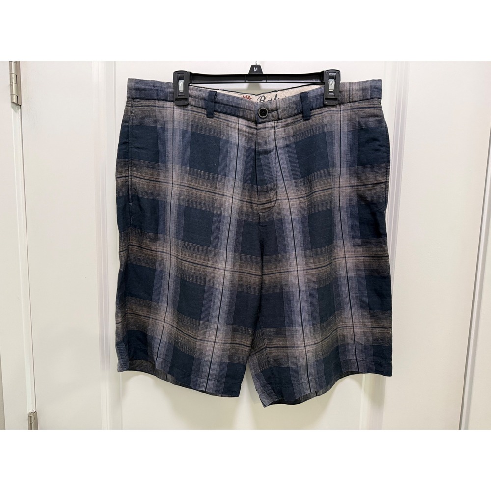 Tommy Bahama Mens Plaid Linen Tencel Shorts Navy Blue Grey Size 36 Flat Front